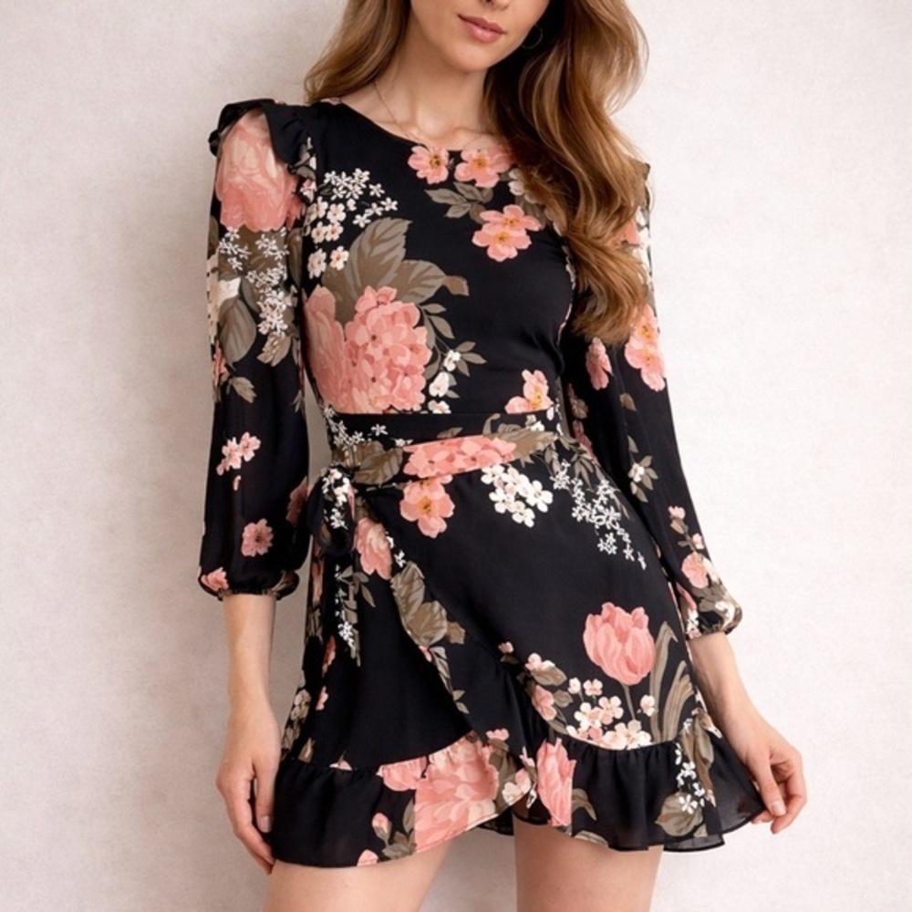 Reformation Quest Floral Black Long Sleeve Mini Dress S (4)